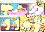 anthro bed bedroom big_butt bootlegjones bottomwear brother_(lore) brother_and_sister_(lore) butt butt_slap caleb_(bootlegjones) canid canine canis caroline_(bootlegjones) claire_and_her_pups clothing comic dialogue domestic_dog duo female furniture genitals hair homophobic_slur incest_(lore) male male/female mammal pants poodle sibling_(lore) sister_(lore) slap slur tablet yellow_body yoga_pants