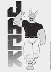 2024 4_toes anthro barefoot biped black_and_white bottomwear buckteeth cargo_pants clothing comic english_text feet hi_res jack_(peculiart) lagomorph leporid looking_at_viewer male mammal monochrome muscular muscular_anthro muscular_male notched_ear open_mouth pants paws peculiart pose rabbit shirt solo teeth text toes topwear