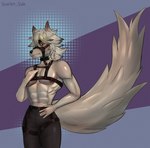 abs anthro big_tail bottomwear breasts canid canine canis clothed clothing digital_media_(artwork) fur hair harness hi_res huge_tail leather looking_at_viewer male mammal mihoyo muscular nipples one_eye_closed pants red_eyes scarlet_side simple_background sketch solo sound_effects tail von_lycaon vowelless vowelless_sound_effect white_body white_fur white_hair wolf zenless_zone_zero