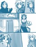 2015 adira_riftwall anthro blush chest_tuft cloak clothing comic conditional_dnp felid female flora_(twokinds) fur group hair human keidran leopard maeve_(twokinds) male mammal monochrome nom outside pantherine simple_background sketch snow_leopard tiger tom_fischbach trace_legacy tuft twokinds white_background young young_anthro young_female