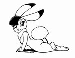 2021 anthro big_tail black_and_white captain_bokko dipstick_ears ear_markings eric_schwartz female fur hair lagomorph leporid looking_at_viewer looking_back lying mammal monochrome multicolored_ears neck_tuft on_front osamu_tezuka rabbit scut_tail short_tail simple_background solo tail the_amazing_3 tuft white_background