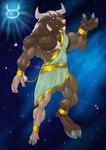 anthro astrology bovid bovine clothed clothing cuffs_(clothing) digital_media_(artwork) digitigrade european_mythology greek_mythology hi_res hooves male mammal mid_transformation minotaur muscular mythological_creature mythology nipples simple_background solo transformation valensfd