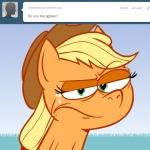 1:1 applejack_(mlp) ask_jappleack blonde_hair clothing cowboy_hat earth_pony english_text equid equine female feral freckles friendship_is_magic green_eyes hair hasbro hat headgear headwear horse hotdiggedydemon mammal my_little_pony pony ponytail solo text tumblr