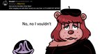 2022 accent anthro bear beret blarf022 blarf_(blarf022) clothing english_text female freckles french_accent french_text hat headgear headwear hi_res humanoid kinx_(blarf022) male mammal sherry_bear_(blarf022) text