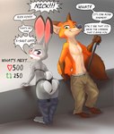 absurd_res anthro black_nose blush butt canid canine clothed clothing dialogue disney duo ear_blush english_text female fox fur green_eyes grey_body grey_fur hi_res judy_hopps lagomorph leporid lingerie link6432 male mammal navel nick_wilde open_mouth orange_body orange_fur pink_nose purple_eyes rabbit rear_view red_fox scut_tail short_tail simple_background smile strip_meme tail text topless true_fox undressing zootopia