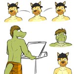 1:1 2017 alligator alligatorid anthro backwards_baseball_cap backwards_hat baseball_cap clothed clothing crocodilian duo embarrassed furgonomics fuze fuzeyeen gabriel_(fuze) hat headgear headwear hi_res hyena male mammal multiple_scenes reptile scalie simple_background smug spotted_hyena topless white_background