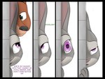 4:3 anthro canid canine comic comic_sans conditional_dnp dialogue disney duo english_text eye_roll female fox green_eyes half-closed_eyes hi_res judy_hopps lagomorph leporid locker_room looking_around_corner looking_pleasured male mammal narrowed_eyes nick_wilde open_mouth purple_eyes rabbit red_fox smile surprise text true_fox tuftbox wide_eyed zootopia