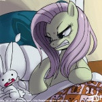 1:1 angel_(mlp) angry bed digital_media_(artwork) duo equid equine eyelashes female feral fluttershy_(mlp) friendship_is_magic fur furniture hair hasbro john_joseco lagomorph leporid mammal my_little_pony mythological_creature mythological_equine mythology open_mouth pegasus pillow pink_hair rabbit shaded wings yellow_body yellow_fur