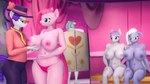 16:9 3d_(artwork) :| abs absurd_res anthro anthrofied awkward blue_eyes blush bottomwear breast_grab breast_squish breasts carousel_boutique changing_room clothed clothing covering covering_face cutie_mark digital_media_(artwork) earth_pony equid equine eyewear female fluffy fluffy_mane fluffy_tail friendship_is_magic fur glasses grey_body group hair hand_on_breast hand_on_hip hand_on_shoulder hasbro hat headgear headwear hi_res horse inside limestone_pie_(mlp) mammal marble_pie_(mlp) maud_pie_(mlp) measuring muscular muscular_female my_little_pony nipples open_mouth panties pants pinkamena_(mlp) pinkie_pie_(mlp) pony promotional_material purple_eyes purple_hair shirt silkworm205 source_filmmaker_(artwork) squish tail tape_measure topless topless_female topwear underwear widescreen