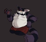 anthro belly body_hair bottomwear chest_hair clothed clothing domestic_cat felid feline felis fur gesture grin hi_res male mammal newtmoss overweight pawpads portrait purple_body purple_fur shorts smalls_the_cat smile solo three-quarter_portrait topless waving yellow_eyes