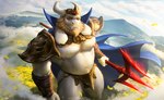 2022 anthro armor asgore_dreemurr barazoku beard belly big_muscles blonde_hair body_hair boss_monster_(undertale) bovid bracers cape caprine chest_hair clothing crown detailed_background drawller eyebrows facial_hair fur goat grass hair happy_trail headgear hi_res holding_object holding_pitchfork holding_tool horn huge_muscles jockstrap long_ears looking_at_viewer male mammal melee_weapon musclegut muscular muscular_anthro muscular_male navel nipples outside pauldron pecs pitchfork plant pubes solo standing tools tuft unconvincing_armor undertale undertale_(series) underwear weapon