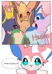 ambiguous_gender colored comic dialogue ears_up eevee eeveelution english_text espeon female_(lore) feral flareon generation_1_pokemon generation_2_pokemon generation_4_pokemon generation_6_pokemon glaceon group heart_oculama heart_symbol hi_res leafeon male_(lore) nintendo okazu onomatopoeia pokemon pokemon_(species) sound_effects speech_bubble spiral_eyes squish surrounded sylveon talking_feral text umbreon vaporeon