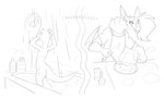 2024 absurd_res anthro apron aubrey_(halbean) bat bathing biped clothing cooking cookware digital_media_(artwork) duo female female_anthro frying_pan hal_(halbean) halbean hi_res kitchen_utensils male male_anthro mammal monochrome mustelid nude_anthro nude_female otter shower showering smile tools