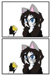 anthro blue_eyes brown_hair cheek_tuft circle_eyebrows clothing domestic_cat duo eyebrows facial_tuft felid feline felis fingerless_gloves food fruit fur gloves grey_body grey_fur hair handwear hi_res holding_food holding_object hoodie lemon male mammal meme mobzylewd multicolored_body multicolored_hair onzi_(burnmello) plant thour_(meme) topwear tuft two_tone_body two_tone_hair white_body white_fur white_hair