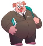 2020 anthro belly bottomwear clothing domestic_pig eyewear glasses leothelionel male mammal necktie overweight overweight_anthro overweight_male pants pink_body ron_chicha shirt simple_background solo suid suina sus_(pig) the_human_heart_(game) topwear