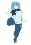 anthro big_breasts blue_body blue_fur breasts clothing conditional_dnp female fur genitals hi_res lagomorph legwear leporid mammal navel nipples on_one_leg pussy rabbit solo standing supertrashparty text text_on_clothing text_on_legwear text_on_thigh_highs thick_thighs thigh_highs wide_hips