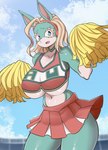 2024 absurd_res anthro big_breasts blue_eyes bottomwear breasts cheerleader cheerleader_outfit clothing cloud female hair hi_res huge_breasts ippan_josei lucyfercomic mammal multicolored_body my_hero_academia navel open_mouth pom_poms quirked_human_(my_hero_academia) skirt sky solo topwear two_tone_body under_boob