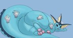 2022 absurd_res ambiguous_gender belly belly_squish big_belly big_butt big_tail blue_background blue_body butt digital_drawing_(artwork) digital_media_(artwork) digitigrade disembodied_hand eeveelution feet feral fin foot_focus generation_1_pokemon group hand_on_belly hand_on_leg hand_on_tail hand_on_thigh hi_res hindpaw huge_tail long_tail looking_at_viewer looking_back looking_back_at_viewer lying nintendo open_mouth open_smile overweight overweight_ambiguous overweight_feral pawpads paws pink_pawpads pokemon pokemon_(species) quadruped rear_view simple_background smile soles solo_focus squish tail tail_squish thick_tail thick_thighs toes trio vaporeon xeniyy