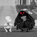 1:1 :3 alien black_body black_fur building cryptid door electronics fur game_console hi_res house looking_at_another mothman mothmandaily nintendo nintendo_ds nintendo_ds_console nintendo_ds_family photo_background photography_(artwork) plant red_sclera road shadow tree