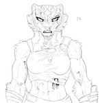 2024 abs angry anthro bared_teeth blood blood_on_face bodily_fluids bottomwear breasts clothing dreamworks felid female hi_res kung_fu_panda looking_at_viewer mammal master_tigress muscular nosebleed number pantherine retbriar sketch solo tiger topwear torn_clothing wounded