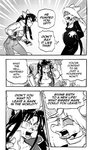 anthro breasts canid canine cleavage clothed clothing comic daigaijin debbie_(furryfight_chronicles) dialogue english_text female fingerless_gloves fox fur furryfight_chronicles gloves group hair handwear hi_res kalita_(furryfight_chronicles) male mammal monochrome pregnant scarf text