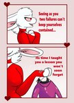 absurd_res anthro clothing comic dialogue dominant dominant_female english_text female fur hi_res lagomorph latex leporid mammal rabbit red_clothing ryelletibun solo teasing text white_body white_fur