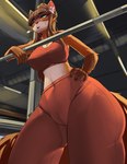 aleidom big_breasts bodily_fluids breasts brown_hair cleavage clothed clothing domestic_cat felid feline felis female fur hair hand_on_hip hi_res mammal sweat thick_thighs