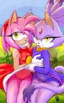 5:8 amy_rose blaze_the_cat bottomless clothed clothing coat dress duo female forehead_gem gem green_eyes humanoid looking_at_viewer nahadon provocative sega sitting smile smiling_at_viewer smirk smirking_at_viewer sonic_the_hedgehog_(series) tongue tongue_out topwear yellow_eyes