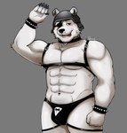 anthro armor bdsm bear blush bracelet epic_games fortnite fur headgear helmet hi_res jewelry male mammal pecs piskodrochkin polar_patroller shirtless simple_background solo tongue white_body white_fur