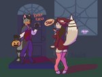 4:3 anthro bam_(khainethewolf) bottomwear clothing digital_media_(artwork) duo female halloween hat haunted_house headgear headwear hi_res holidays khaine_(khainethewolf) legwear male miniskirt nokamiwd scared simple_background skirt stockings vampire_costume witch_costume witch_hat