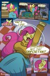 5_panel_comic absurd_res anthro bed bedroom big_breasts big_butt breasts butt comic dialogue equid equine female fluttershy_(mlp) friendship_is_magic furniture hasbro hi_res horse mammal my_little_pony night pony solo thight_clothing tired yellowcyann