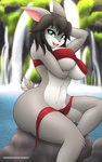 absurd_res anthro bathing big_breasts black_hair bottomwear breasts clothed clothing deneira_(diamondstorm) diamondstorm female fur green_eyes grey_body grey_fur hair hi_res lagomorph lake leporid looking_at_viewer mammal multicolored_body multicolored_fur outside plant rabbit rock sitting skimpy solo tail thick_thighs undressing waterfall white_body white_fur