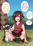 black_body black_fur blush brown_hair canid canine canis child crouching dialogue domestic_dog duo female feral fur grass grey_eyes hair hi_res human looking_at_viewer male mammal open_mouth outside plant rooster_teeth ruby_rose rwby sitting smile speech_bubble tabletknight tongue tongue_out young zwei_(rwby)