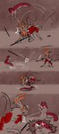 absurd_res ambiguous_gender antlers armor artificer_(rain_world) attack blurred_character chieftain_scavenger comic dodging duo feral fight flinch frill_(anatomy) gem glare hi_res horn jumping kayw2324 lunging markings mask melee_weapon motion_lines orange_eyes orange_paint paint pearl_(gem) polearm rain_world red_markings rock scar scavenger_(rain_world) slugcat snarling spear tense videocult weapon