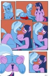 anthro anthrofied anus areola blue_body blue_fur blue_hair blue_nipples blush bodily_fluids bottomless breasts butt camel_toe close-up clothed clothing comic cutie_mark dekomaru digital_media_(artwork) drooling duo equid equine eye_contact eyes_closed female female/female female_on_bottom female_on_top french_kissing friendship_is_magic fur genitals hair hasbro hi_res hooves horn kiss_on_lips kissing kneeling looking_at_another looking_down looking_up mammal multicolored_hair my_little_pony mythological_creature mythological_equine mythology nightgown nipples nude on_bottom on_top open_mouth panties pubes purple_areola purple_body purple_fur purple_hair purple_nipples pussy raised_tail romantic romantic_couple saliva shirt side_boob simple_background sitting surprise surprise_kiss tail tongue tongue_out topless topwear trixie_(mlp) twilight_sparkle_(mlp) two_tone_hair underwear undressing unicorn white_background