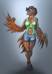 2013 anthro avian beak big_breasts bird blue_bottomwear blue_clothing blue_shorts bottomwear breast_growth breasts brown_hair cloth clothing conditional_dnp denim denim_bottomwear denim_clothing denim_shorts digital_media_(artwork) digital_painting_(artwork) feathers female green_clothing green_shirt green_topwear grey_background grey_beak growth hair inert-ren mid_transformation nipple_outline non-mammal_breasts orange_body orange_feathers shirt shorts simple_background solo topwear transformation winged_arms wings