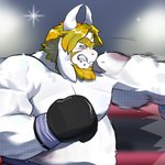 2024 anthro asgore_dreemurr beard biceps blonde_beard blonde_facial_hair blonde_hair boss_monster_(undertale) bovid boxing boxing_gloves caprine clothing demon facial_hair fur goat hair handwear horn isisgio long_ears male mammal musclegut muscular muscular_male overweight overweight_male solo sport undertale_(series) white_body white_fur