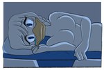 anatid anseriform anthro avian bed bird blue_blanket bodily_fluids braided_hair breasts bunk_bed crying depression disney duck ducktales ducktales_(2017) emotional featureless_breasts female furniture hair hi_res homesick insomnia june_duck lonely looking_at_viewer lunula_(artist) lying lying_on_bed navy_sailor non-mammal_breasts nude on_bed on_side sad solo tears young_adult