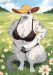 anthro belly bikini clothed clothing crotch_tuft eyewear female fin flower front_view fur glasses harp_seal hat headgear headwear helena_(ghostmexicanwolf) hi_res mammal marine meadow outside overweight overweight_anthro overweight_female pinniped plant seal skimpy solo standing sun_hat swimwear tail tail_fin thick_thighs tuft two-piece_swimsuit wandwess whiskers white_body white_fur