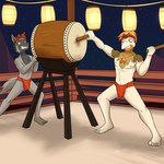 1:1 accessory anthro anthrofied asian_clothing bottomwear clothed clothing daigo_(fuze) dartrix drum drumming duo east_asian_clothing festival fundoshi fundoshi_only fur fuze generation_3_pokemon generation_7_pokemon generation_8_pokemon grey_body grey_fur headband hi_res hisuian_decidueye hisuian_form holding_object holding_stick hybrid japanese_clothing lamp lantern loincloth male musical_instrument navel night nintendo nipples outside paper_lantern pawl_(fuze) percussion_instrument pokemon pokemon_(species) pokemorph poochyena red_bottomwear red_clothing red_eyes red_fundoshi red_loincloth red_underwear regional_form_(pokemon) stick taiko_drum topless underwear underwear_only yellow_sclera