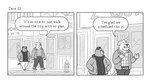 2023 anthro belly big_belly bottomwear canid canine canis clothing comic detailed_background dialogue domestic_dog dot_eyes duo english_text hi_res lukehealy male mammal outside overweight overweight_male pants shirt sweater text topwear walking