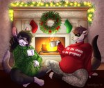 2018 amelia_(yips) anthro belly big_belly black_hair blue_eyes both_pregnant bottomwear brown_body brown_eyes brown_fur brown_hair chinchilla chinchillid christmas_decorations closed_smile clothed clothing container cup dated domestic_ferret duo female fireplace fur glistening glistening_eyes green_clothing green_sweater green_topwear grey_body grey_bottomwear grey_clothing grey_fur grey_pants hair hand_on_belly holding_container holding_cup holding_mug holding_object long_hair mammal mouth_closed mug multiple_pregnancies mustelid musteline nitzel pants pattern_bottomwear pattern_clothing pattern_pants pregnant pregnant_anthro pregnant_female red_clothing red_sweater red_topwear rodent short_hair signature sitting smile sweater tiggybloom topwear true_musteline weasel white_body white_fur