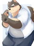 absurd_res anthro belly blush canid canine canis domestic_dog eyebrows facial_scar fur grey_body grey_fur hi_res higa1232 lifewonders lying male mammal moritaka_(tas) navel_outline on_side overweight scar sleeping solo thick_eyebrows tokyo_afterschool_summoners