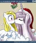 2011 blonde_hair blush bubble clothing duo english_text equid equine eyes_closed fan_character feathered_wings feathers female female/female feral friendship_is_magic hair hasbro hat headgear headwear horn john_joseco kiss_on_lips kissing kissing_bough mammal mistletoe mlp_g1 my_little_pony mythological_creature mythological_equine mythology pegasus pink_hair plant pre-g4 princess princess_celestia_(mlp) princess_molestia royalty surprise_(pre-g4) text unicorn wet white_body white_feathers wings