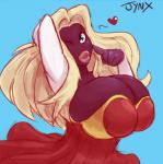 big_breasts blonde_hair blue_eyes breasts carmessi collaboration drbigt female generation_1_pokemon hair heart_symbol huge_breasts humanoid jynx lips long_hair looking_at_viewer nintendo not_furry one_eye_closed pokemon pokemon_(species) simple_background solo thick_lips wink