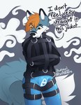 ambiguous_gender anthro bdsm berry_bluepaws bondage bound canid canine chastity_bulge chastity_device clothing cloud digital_media_(artwork) english_text fox hair hi_res kinktober kinktober_2024 latex latex_clothing lock_bulge lock_symbol mammal miramore null_bulge restraints simple_background skinsuit solo straitjacket tail text tight_clothing