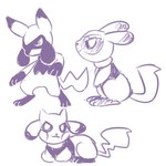 1:1 2018 ambiguous_gender anthro biped cheek_spots closed_smile digital_media_(artwork) feral flavia-elric fusion generation_1_pokemon generation_4_pokemon group hi_res hybrid monochrome mouth_closed nintendo paws pikachu pokemon pokemon_(species) pokemon_fusion pupils purple_and_white quadruped riolu simple_background sketch smile tail trio white_background white_pupils white_sclera