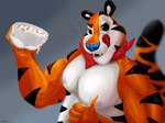 4:3 anthro bodily_fluids countershading digital_media_(artwork) felid frosted_flakes fur hair kellogg's looking_at_viewer male mammal mascot muscular muscular_anthro muscular_male nipples nude orange_body pantherine pecs simple_background smile solo striped_body stripes tail tiger tongue tony_the_tiger wolfbread