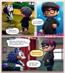 3d_(artwork) animal_crossing anthro clothed clothing comic digital_media_(artwork) english_text eulipotyphlan female hedgehog hi_res human mabel_able male mammal nintendo rev_(revhearts) revhearts smile smiling_at_another smiling_at_each_other text