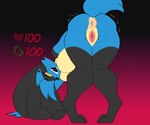 anthro anus bent_over big_breasts black_body black_fur blue_body blue_fur breasts female fur generation_4_pokemon genitals gradient_background heart_symbol hi_res looking_at_viewer lucario nintendo open_mouth pokemon pokemon_(species) presenting presenting_pussy pussy simple_background smile smort_bee solo tail yellow_eyes